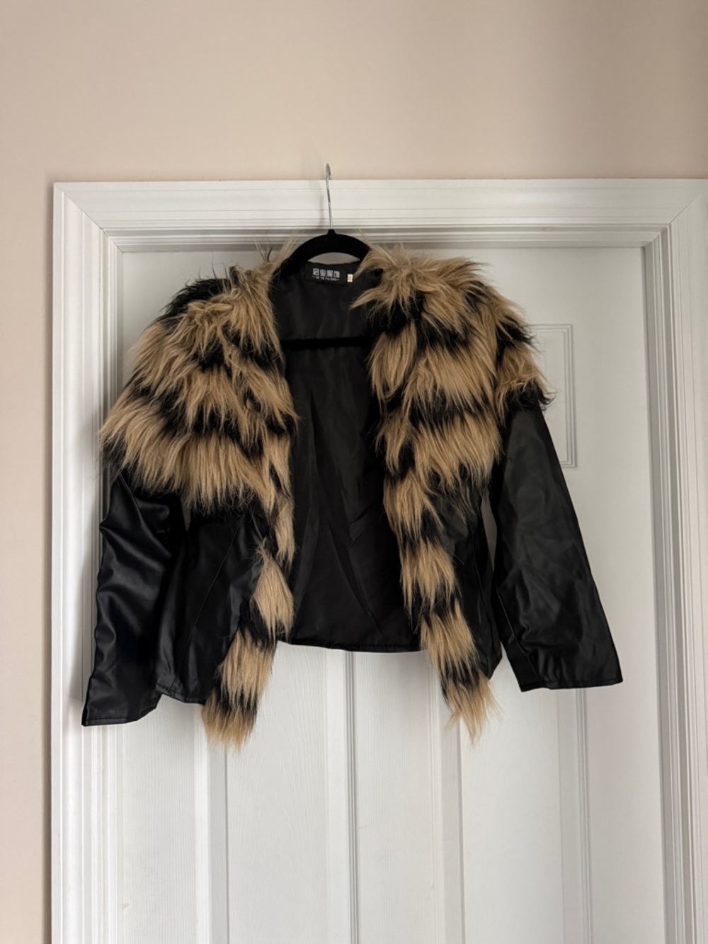 Black Vegan Leather Jacket with Tan & Black striped animal print Faux Fur Collar